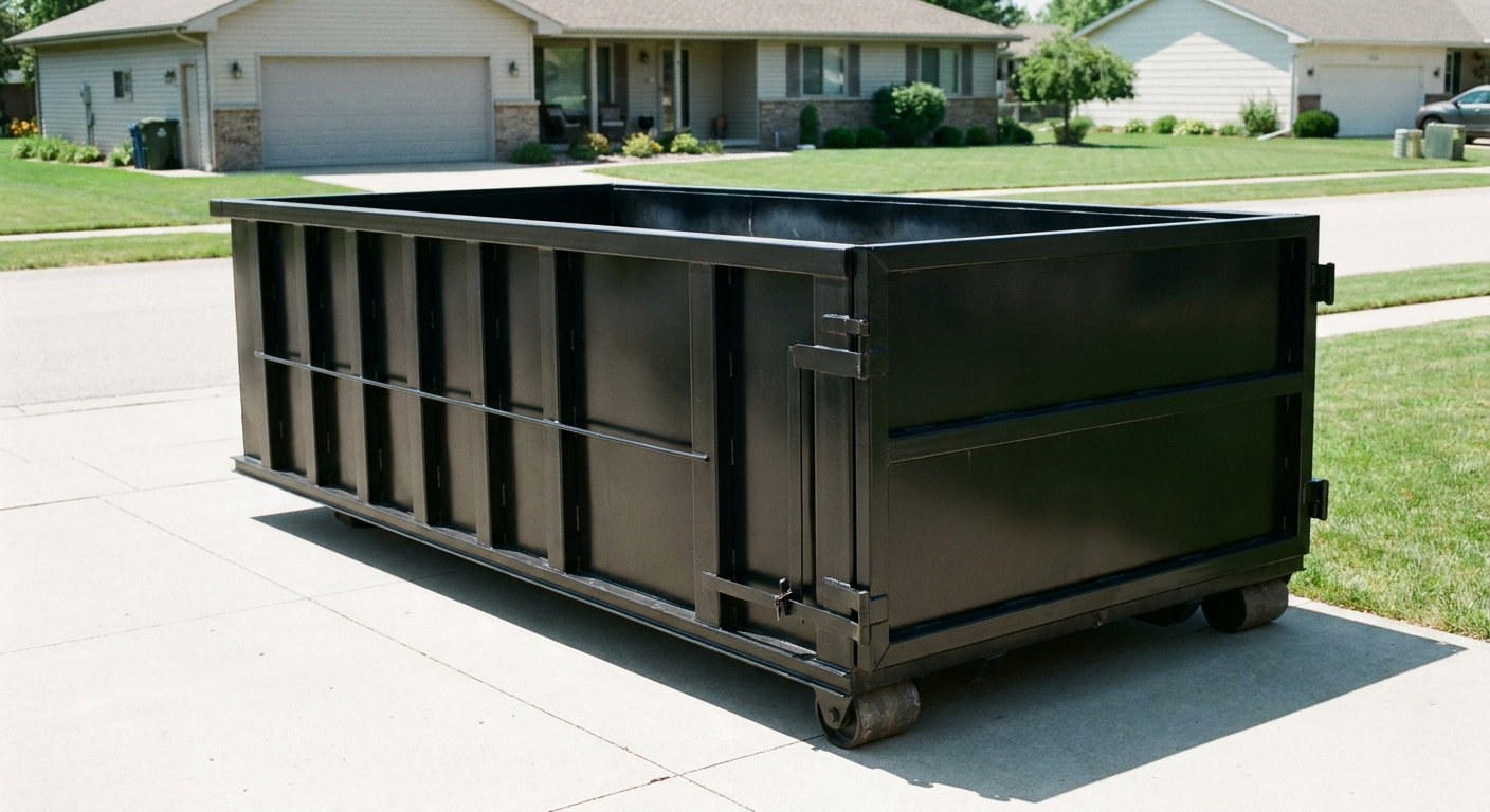 Matte-black 10-yard roll-off dumpster on a residential concrete driveway in Hamburg, uniformly painted matte black across every panel and rail, ribbed steel sidewalls and rear swing door visible, mid-day daylight.