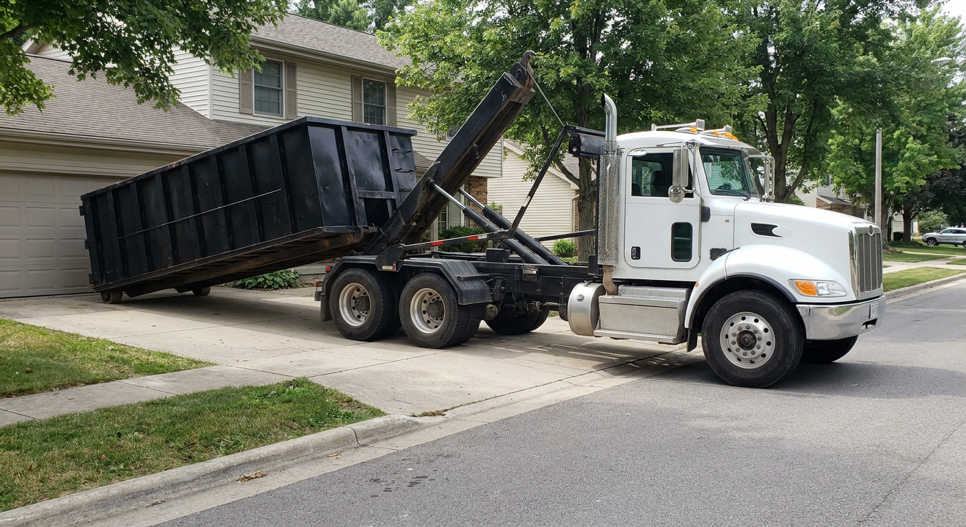 White-cab hooklift roll-off truck actively lowering a matte-black dumpster onto a Hamburg residential concrete driveway, the dumpster's rear wheels touching the driveway as the hoist arm tilts the bed forward, mid-morning daylight.