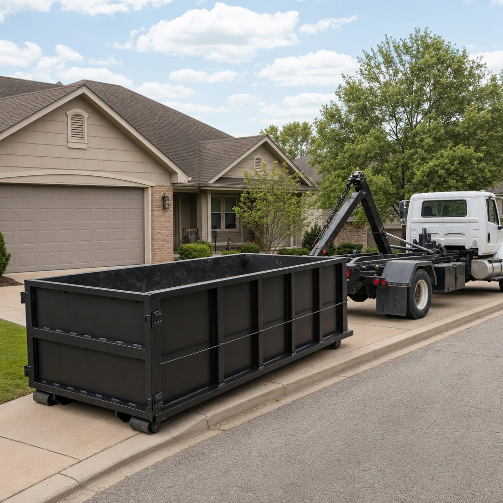 Wide documentary shot of a matte-black roll-off dumpster on a Hamburg residential driveway in the foreground and a contractor jobsite container in the soft-focus background, bright daylight, calm and orderly composition.