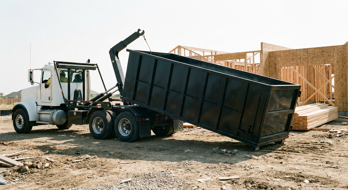 Matte-black roll-off dumpster being delivered onto a clean residential concrete driveway in Hamburg by an unmarked white hooklift hauler truck, bright morning daylight, documentary 35mm perspective.